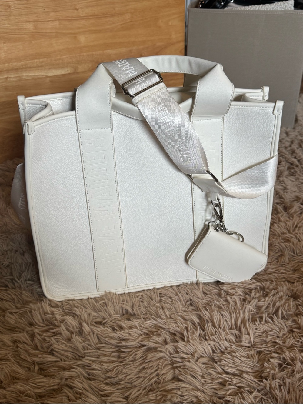Steve Madden White Pebbled Tote with Branded Removable Strap